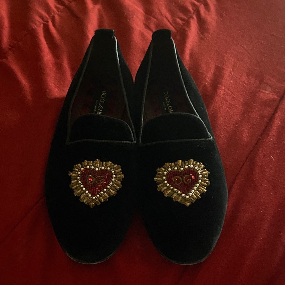 Dolce & Gabbana Black Loafers with Gold and Red Embellishments